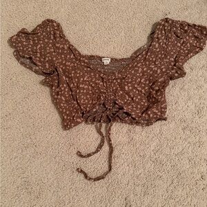 Garage Brown Floral Tie-Front Crop Top